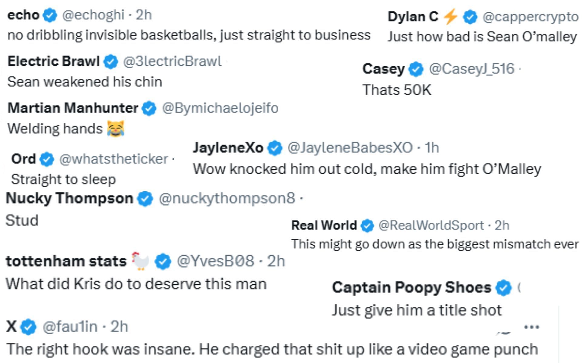 Screenshots of fan reactions to Wellmaker's KO win over Moutinho